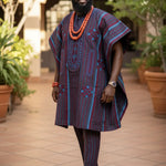 Akinduro African Aso Oke Agbada Top in Blue and Burgundy
