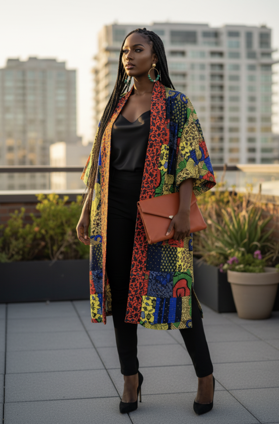 Alexis Multicolored Patchwork Rhinestoned African Print Kimono Dress
