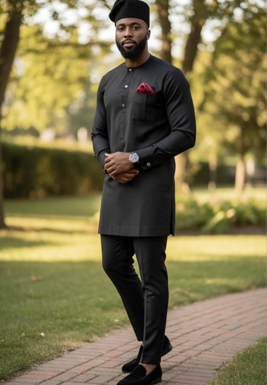 All Black African Senator Dashiki Top Elegant black dashiki with unique breast pocket pattern, three-button neckline, and cufflink-ready sleeves.