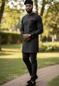 Omah All Black African Senator Dashiki Top & Black Drawstring