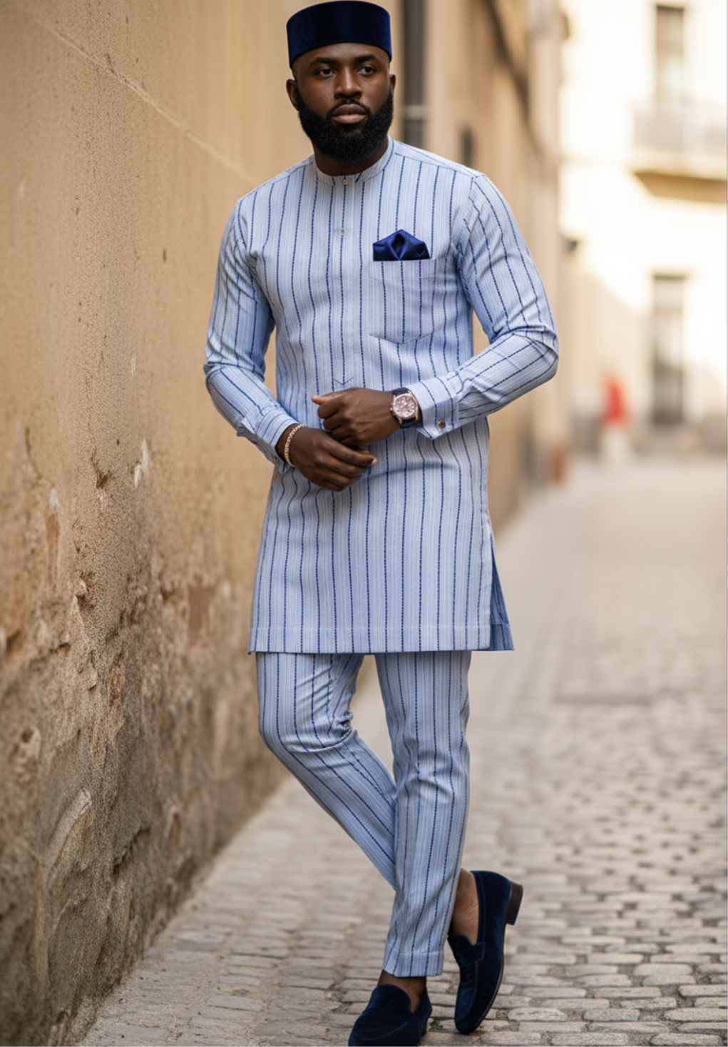 Light-blue African Senator Dashiki top with Navy-blue pinstripes and matching pants by Dupsie's African Fashion, featuring a distinct breast pocket and buttoned placket