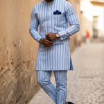Light-blue African Senator Dashiki top with Navy-blue pinstripes and matching pants by Dupsie's African Fashion, featuring a distinct breast pocket and buttoned placket