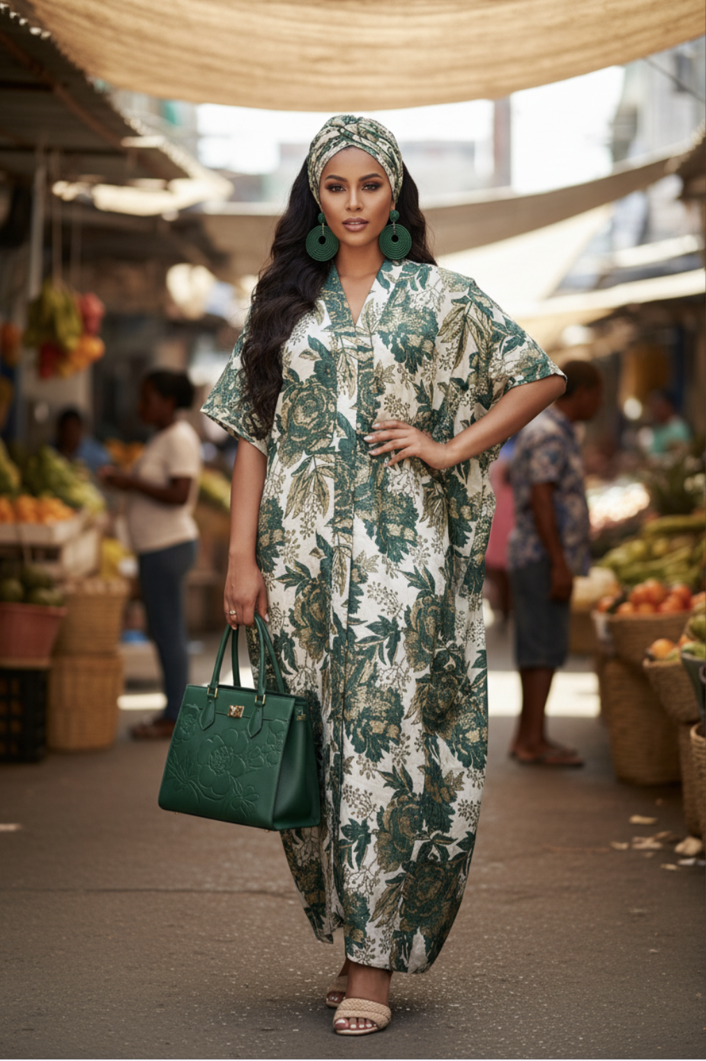 Anaya Boubou Dress in Green and Gold Floral Damask Fabric