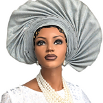 Anjola Grey-Silver Aso Oke Autogele pre-tied crown head wrap hat with fan-like rhinestone design handcrafted for African weddings by Dupsie’s African Fashion. 
