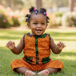Frema™ Orange Green Ankara African Print Toddler Onesie | African Print Snap Button Jumpsuit | African Clothing for Toddlers | Unisex African Children's Fashion | Dupsie's African Fashion DPTDG01 by Dupsie's African Fashion
