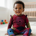 African toddler fashion featuring colorful Ankara print children's pajama play jumpsuit.