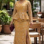 Arriana Gold African lace skirt suit for women by Dupsie's African Fashion featuring embroidered sequin lace peplum top and fitted skirt with slit.
