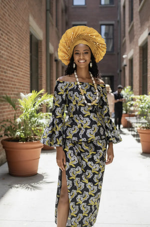 dupsie's African Fashion Awaseda African Clothing: Black, Silver & Gold Lace Top and Wrap Skirt Small(08)