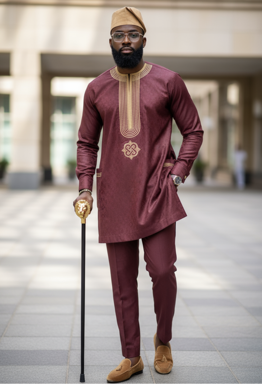 Traditional Aso Oke Hat completing the African fashion ensemble