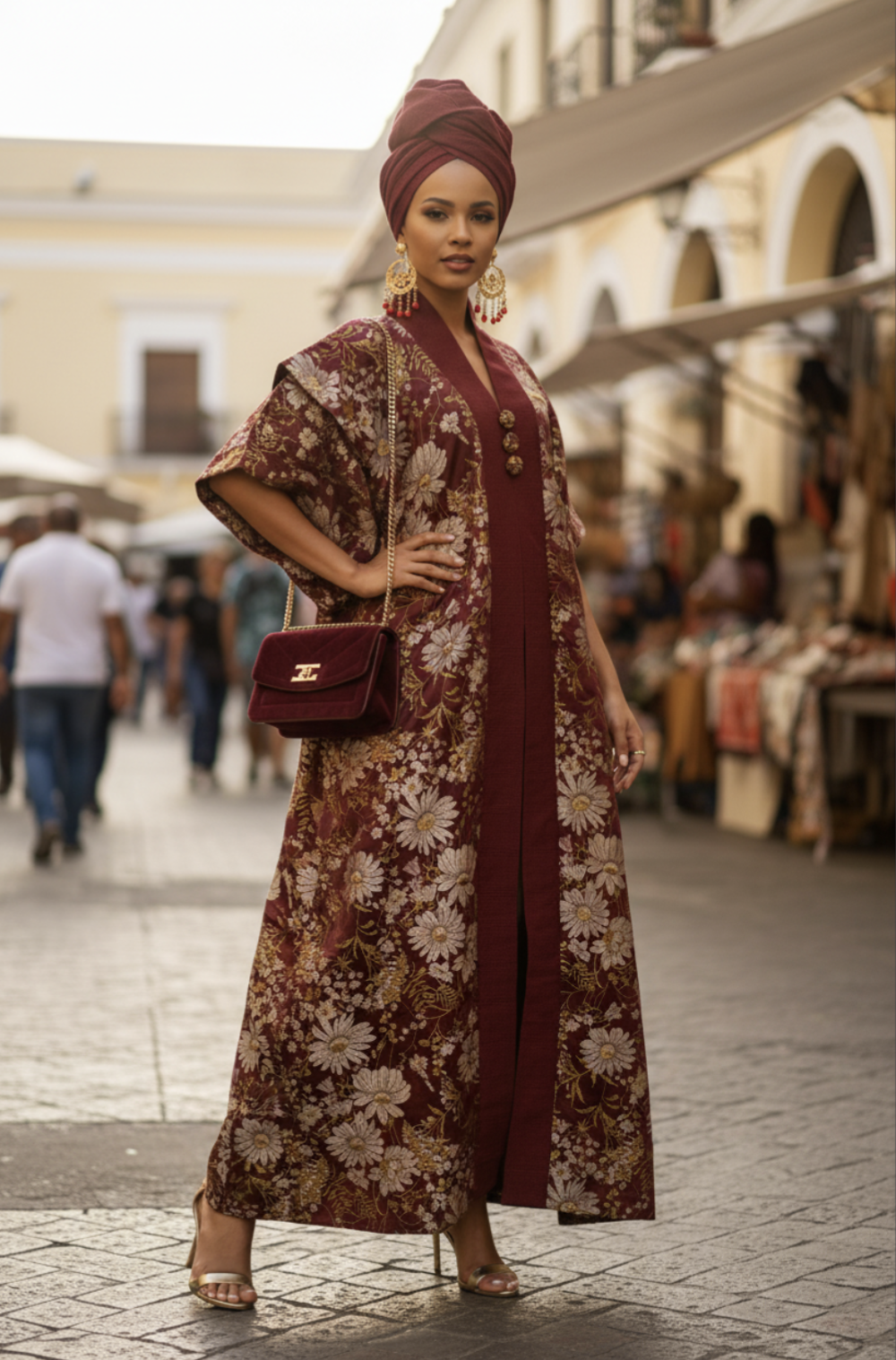 African boubou dress with burgundy Aso Oke trim along V-neckline and front panel, elegant African clothing and African print dress design 