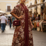African boubou dress with burgundy Aso Oke trim along V-neckline and front panel, elegant African clothing and African print dress design 