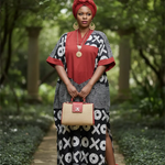 Awah black off‑white African print Boubou dress with red Silk Aso Oke neckline by Dupsie’s African Fashion, Nigerian African clothing for women