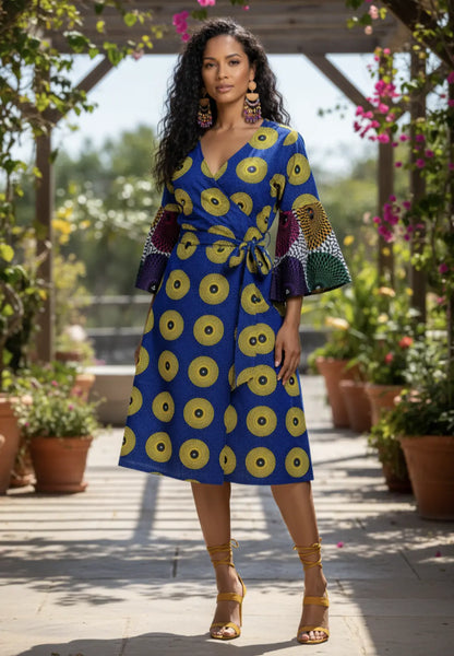 Awoorin Royal-Blue and Yellow Wrap Midi Dress