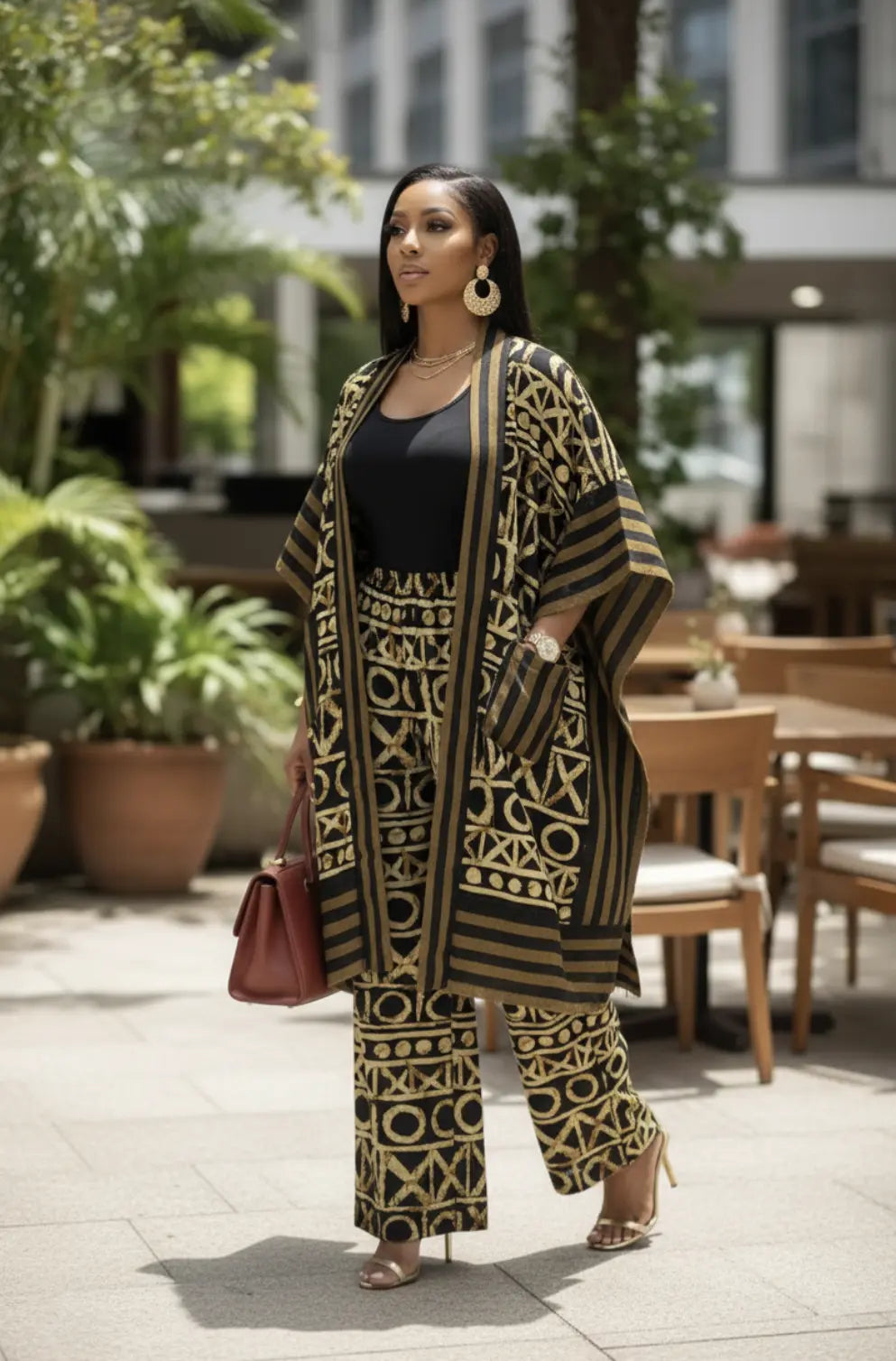 Elegant Brown and Gold African Print  Hat, Matching Top And Pants And Wrislet. Ankara Wrap Top | Festival Crop Tops | Ashanti Empress main image 3