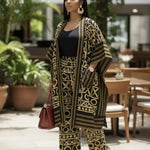 Ayann Kimono Top and Pants Set in Black, Gold, Brown, and Beige African Print.