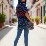 Aza African Fleece Hoodie Top in vibrant red, blue, black, and grey colors.