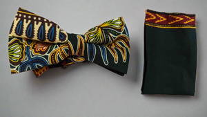 Green African print bow tie and pocket square Dupsie's 