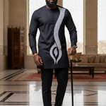 Black African Senator Dashiki Top named Balaa with silver embroidery, designed by Dupsie's African Fashion, featuring cufflinks and matching drawstring pants.