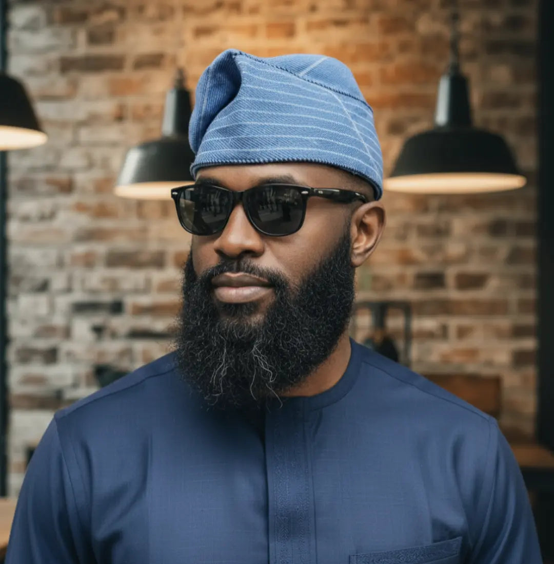 Banjo Light-Blue Aso Oke Fila – Handwoven Nigerian Yoruba Men’s Hat | African Hat for Men | Dupsie’s African Fashion DPAHLNBS1