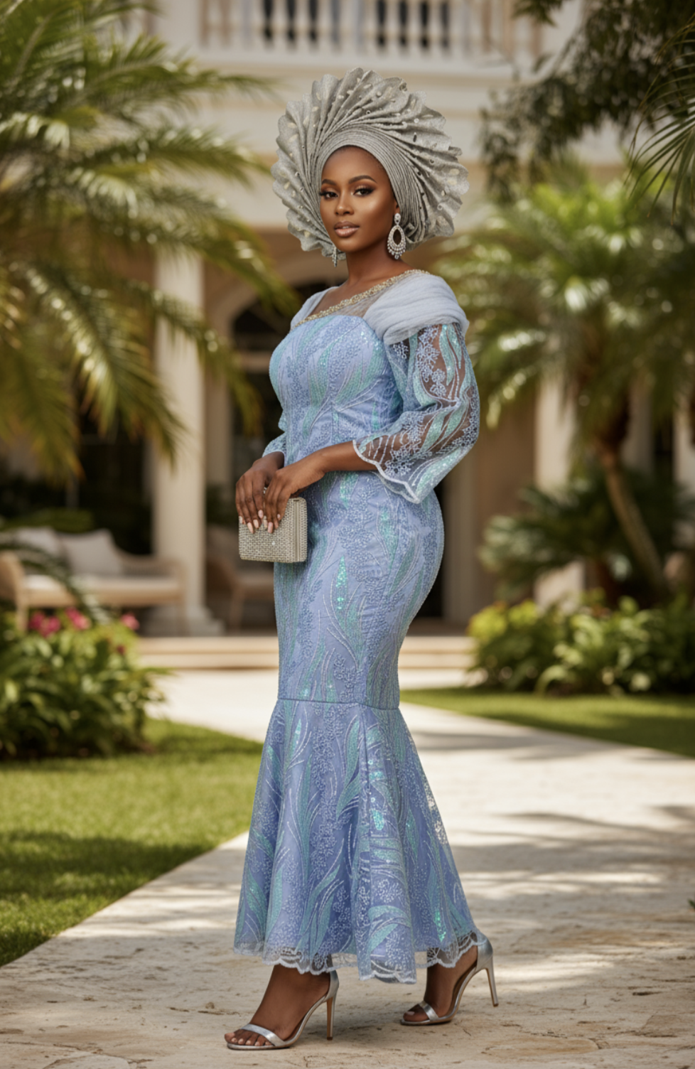 Asymmetric light blue and silver sequined lace dress by Dupsie's African Fashion