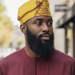 Bature Yellowish‑Gold handwoven Aso Oke hat for men by Dupsie’s African Fashion, premium African clothing and African fashion accessory.