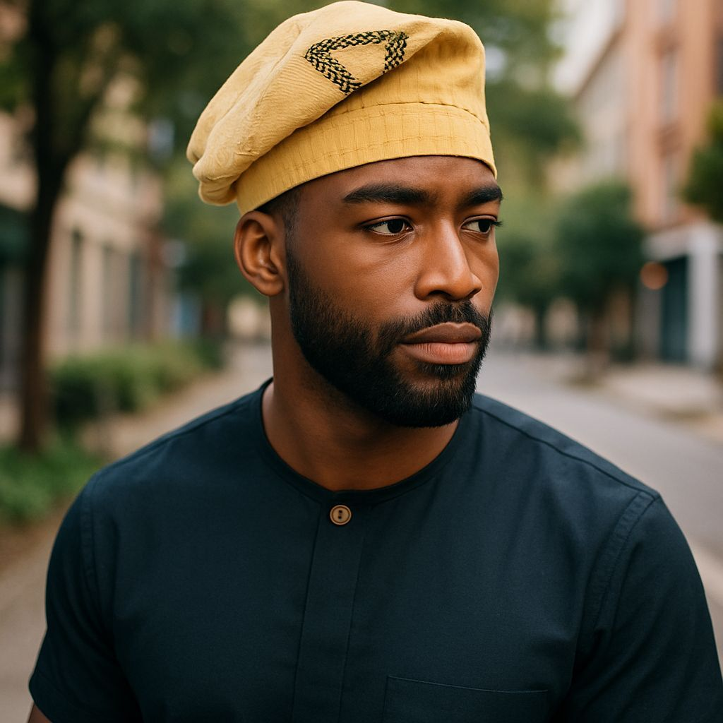 Obaṣewa Brimless Beige and Green African Aso Oke kufi hat by Dupsie’s African Fashion – Yoruba brimless fila African clothing heritage hat 