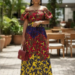 Belen red and yellow African print crop top with high waisted maxi skirt for women by Dupsie's African Fashion.