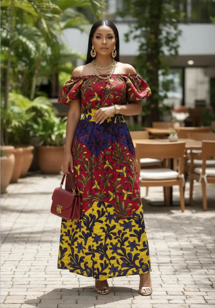 Belen Red & Yellow African Print Crop Top & High-Waisted Skirt Set