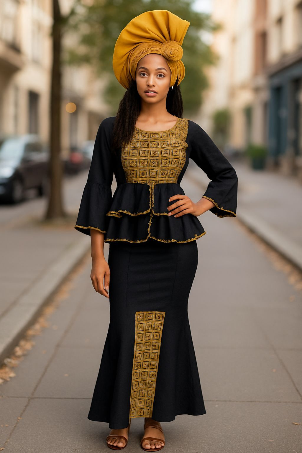 Black Panther African Top and Skirt with Gold Embroidery-DP3939T