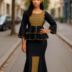 Black Panther African Top and Skirt with Gold Embroidery-DP3939T