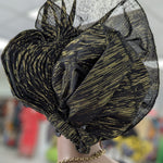 Black Aso Oke autogele with gold streaks and rhinestones, pre‑tied crown head wrap, fan top, Velcro back