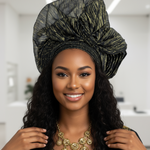 Black and gold ready gele with pleated band and rosette fan; pre‑tied Yoruba head wrap for weddings and owambes.