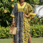 Black Gray and yellow African loose dress in cotton kaftan style by Dupsie’s African Fashion, comfortable African clothing for women.