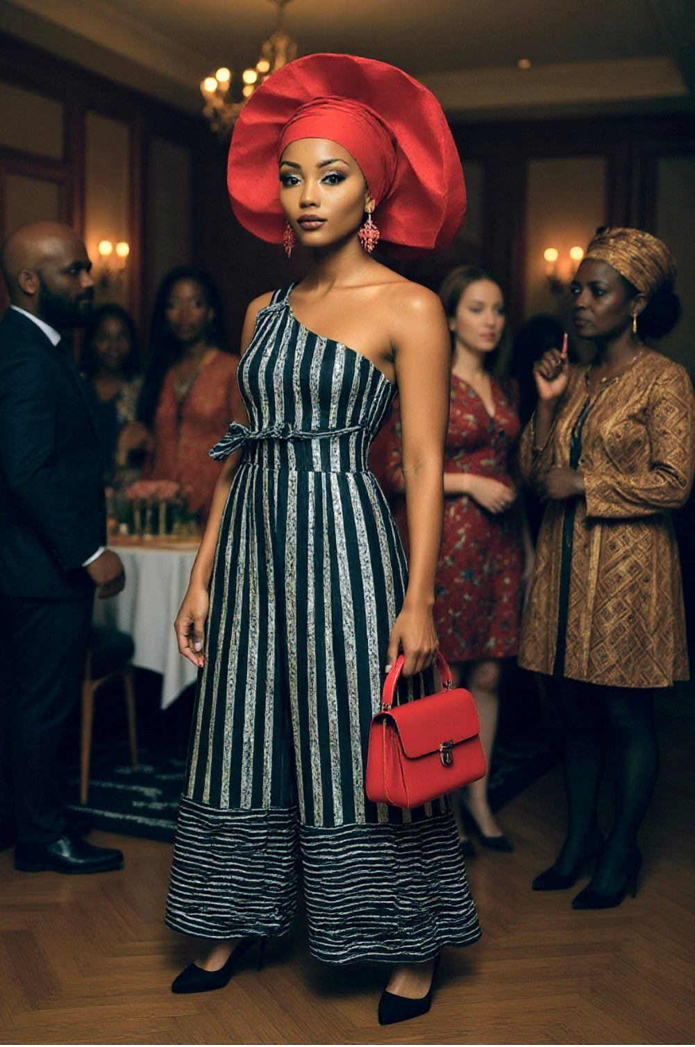 Women’s African clothing cotton batik wide‑leg jumpsuit dress in black and off‑white with side pockets