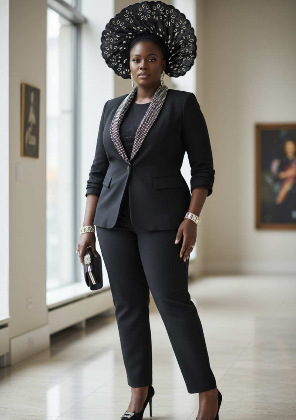 Traditional African-inspired suit ensemble featuring a black jacket, camisole, and pants, showcasing modern fashion elements
