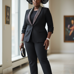 Traditional African-inspired suit ensemble featuring a black jacket, camisole, and pants, showcasing modern fashion elements