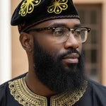 Black velvet Yoruba fila African hat for men with jean-like texture and rich inspired embroidery, elegant African fashion for Nigerian weddings