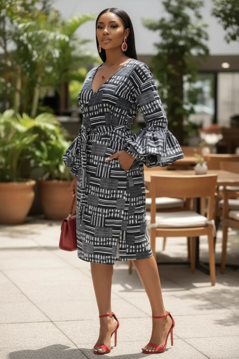 Emma Black White Kente Print Wrap Dress-DPB0795PT