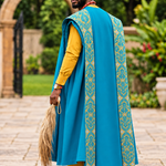 Blue Aso Oke Agbada for Nigerian groom and formal African men fashion