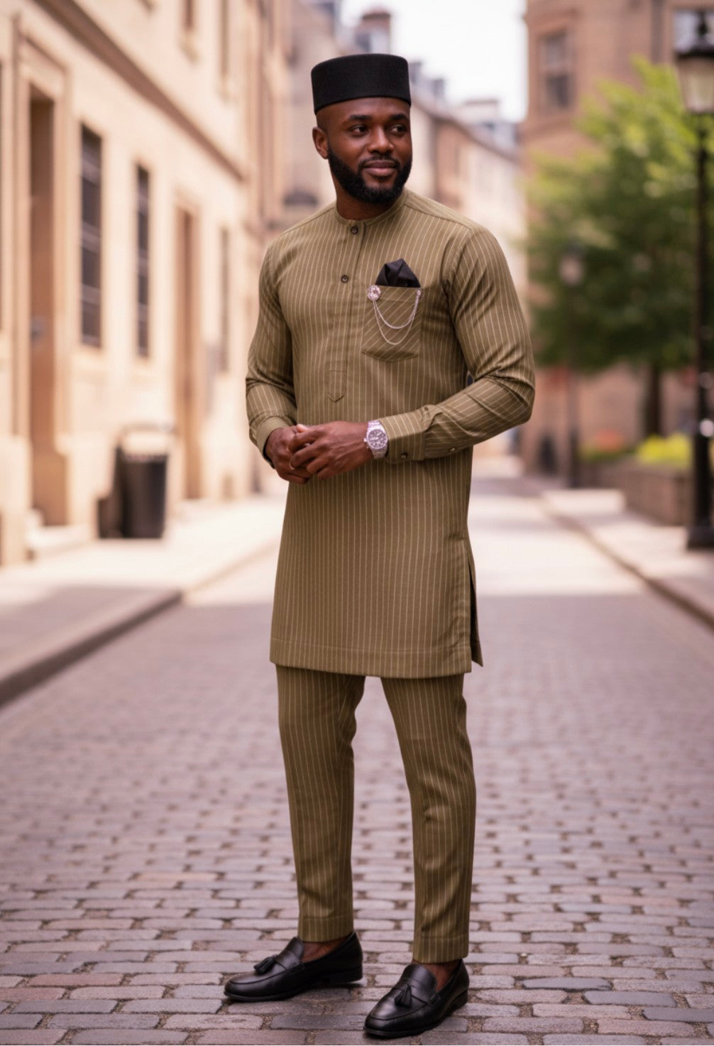 Brown African Senator Dashiki Top : A luxurious brown dashiki top with off-white pinstripes, showcasing a modern African fashion design.