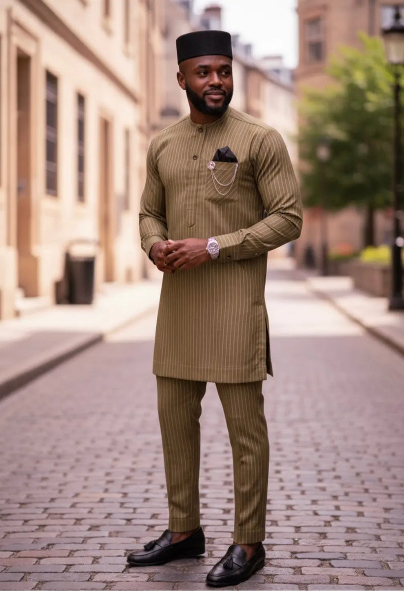 Brown Badan African Senator Dashiki Top with Off-White Pinstripes ...