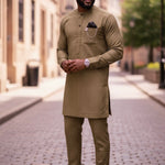 Brown African Senator Dashiki Top : A luxurious brown dashiki top with off-white pinstripes, showcasing a modern African fashion design.