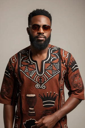 【BUDHI MUDRA】Oversized side slit shirts Masake Brown Bogolanfini Mud Cloth Dashiki Shirt for Men | African