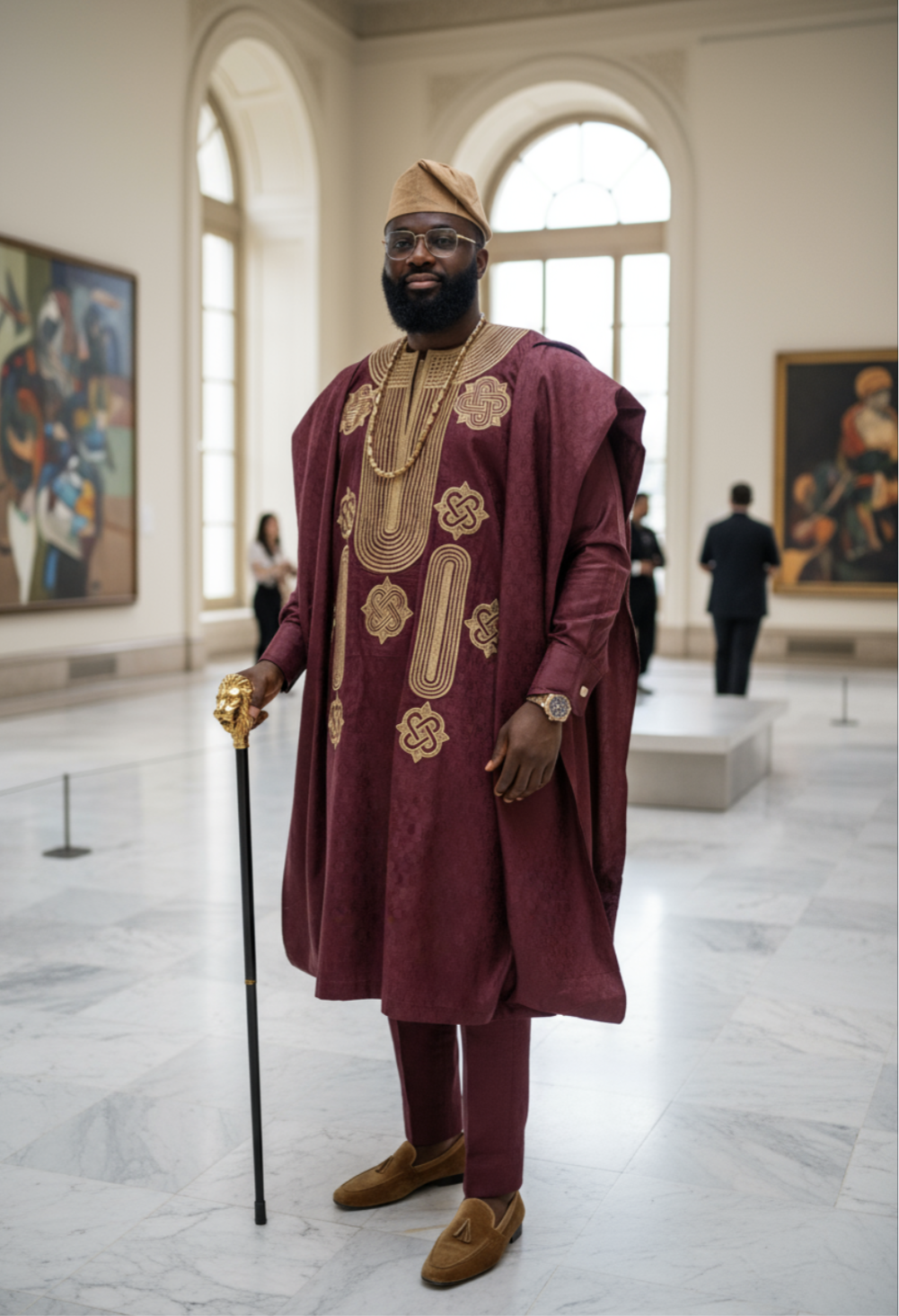 Elegant Burgundy African Agbada Robe Set for Men with Tan Details