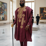 Elegant Burgundy African Agbada Robe Set for Men with Tan Details