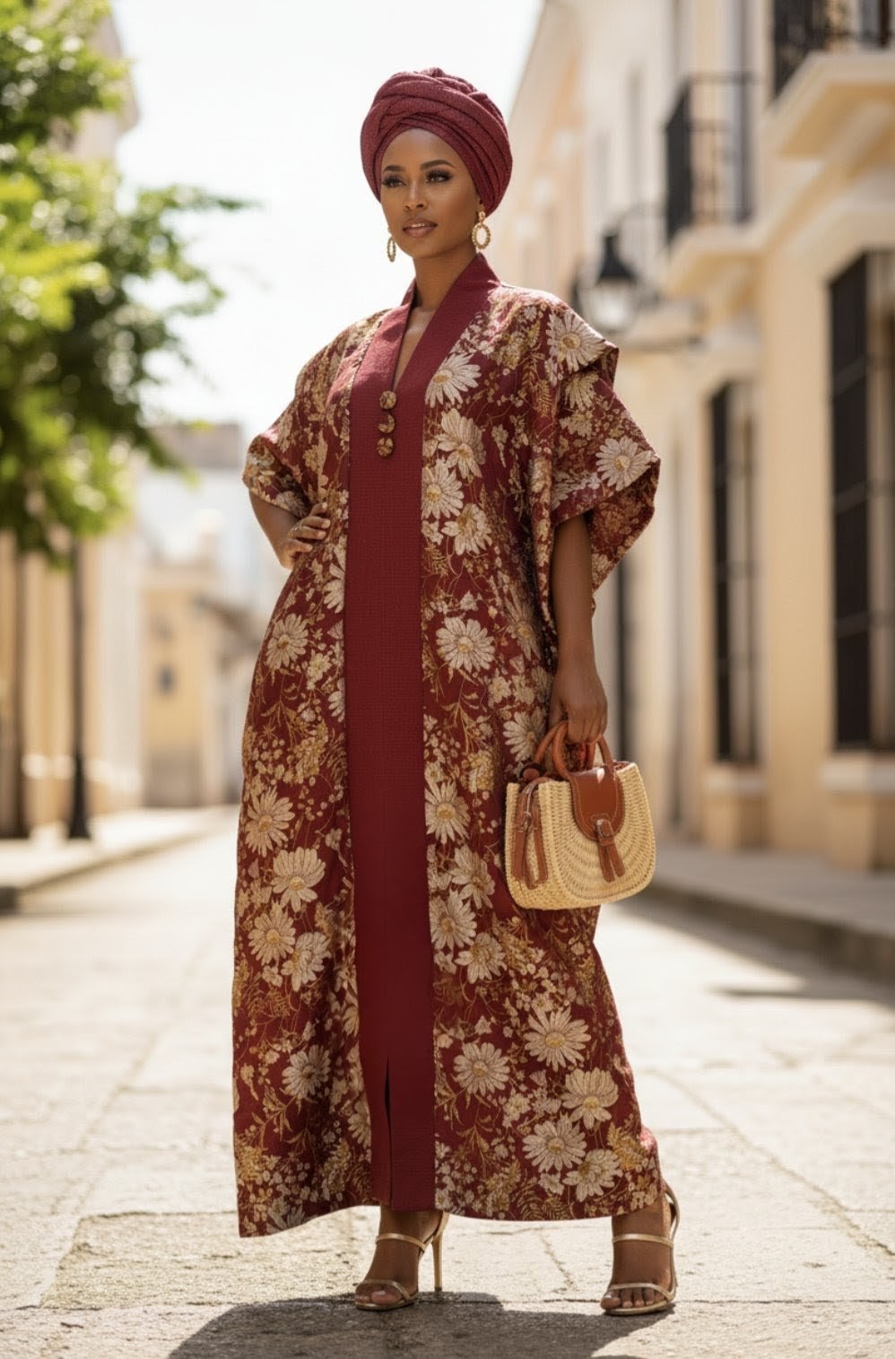 Burgundy and gold floral damask African print dress in classic African boubou dress style, premium African clothing for African fashion events