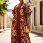 Burgundy and gold floral damask African print dress in classic African boubou dress style, premium African clothing for African fashion events