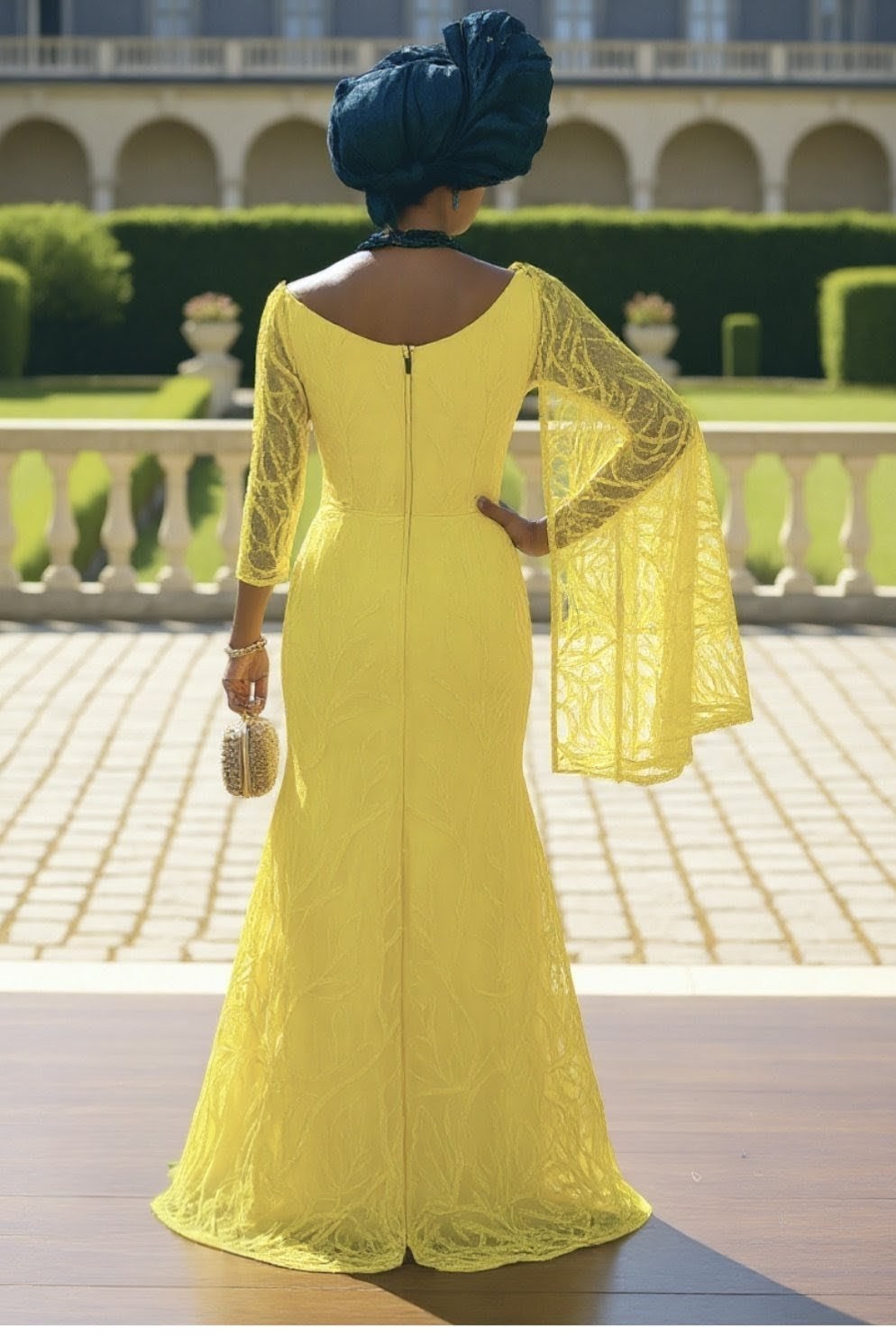 Yellow sequin lace dress with pleated neckline and right-shoulder shawl