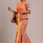 Caleen Peach & Brown African Lace Rhinestone Maxi Dress for Women | Dupsie's African fashion DPDPBLD45 by Dupsie's African Fashion