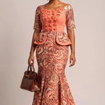 Caleen Peach & Brown African Lace Rhinestone Maxi Dress for Women | Dupsie's African fashion DPDPBLD45 by Dupsie's African Fashion